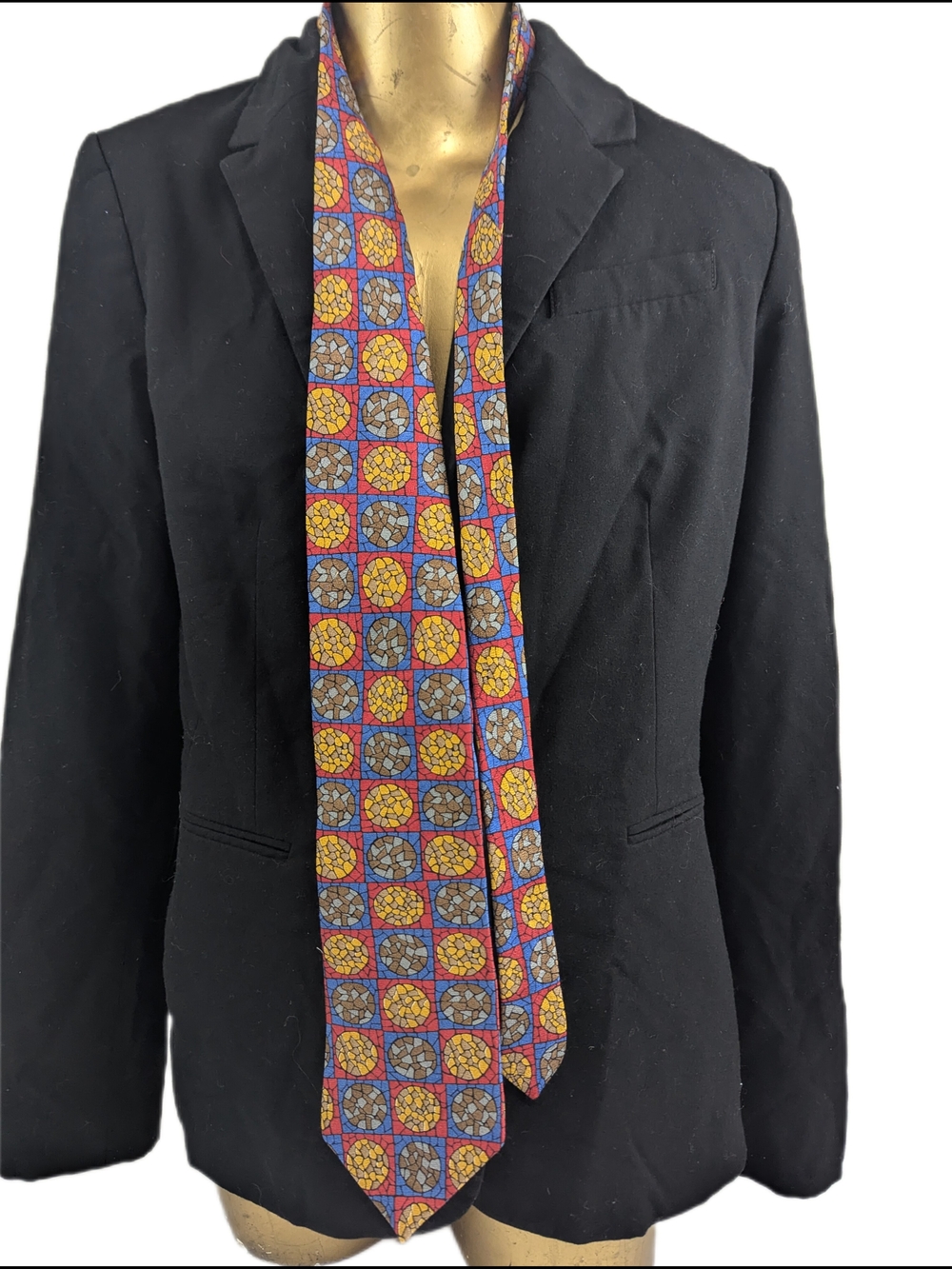 Vicky Davis "Byzantine" 100% Silk Tie Red Blue Gold Geometric Shapes